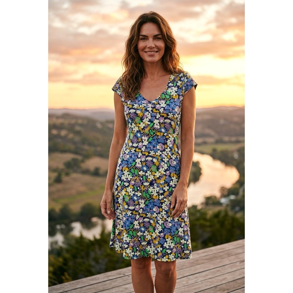 Toad&Co Rosemarie Dress Small Navy Floral Cap Sleeve Organic Cotton Side Pocket